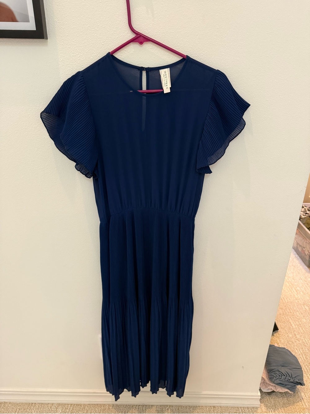 Lush Navy Pleated Flutter-Sleeve Dress West Moon